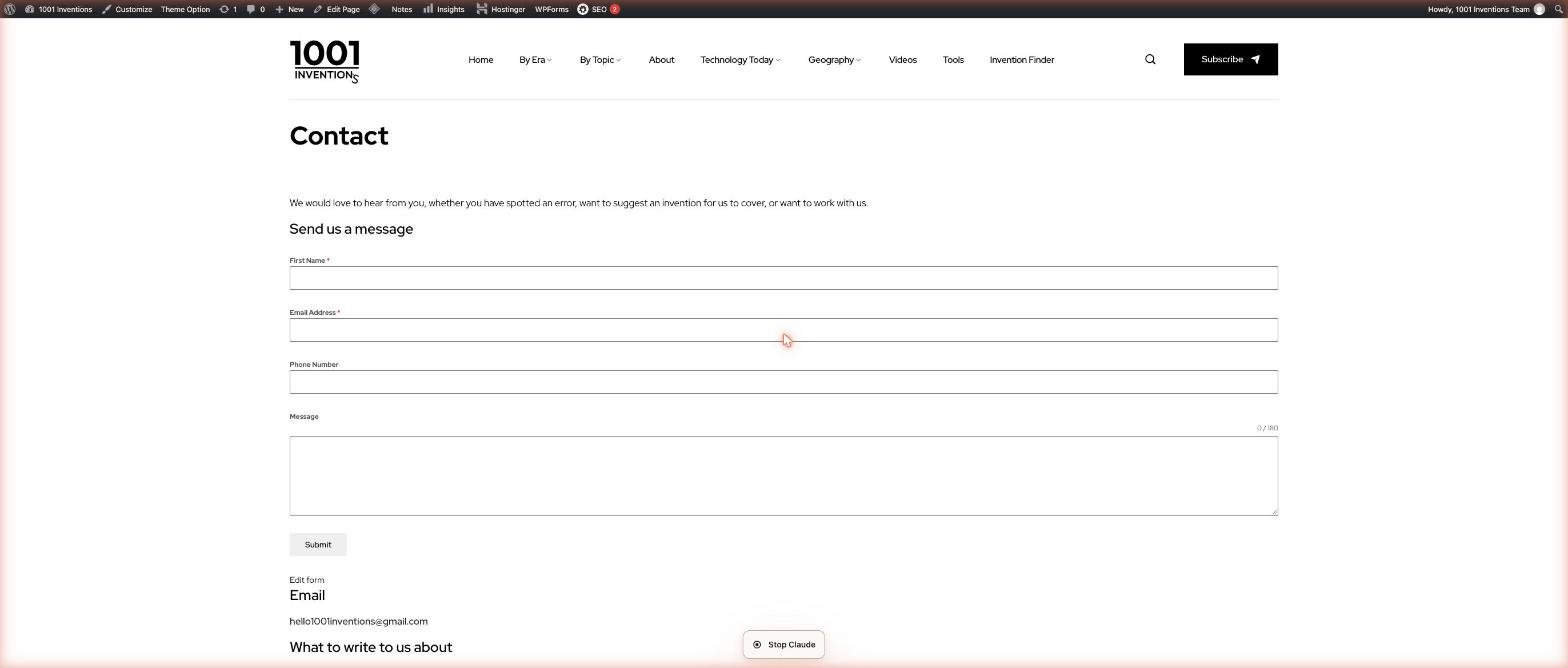 A Forminator contact form live on the 1001 Inventions contact page