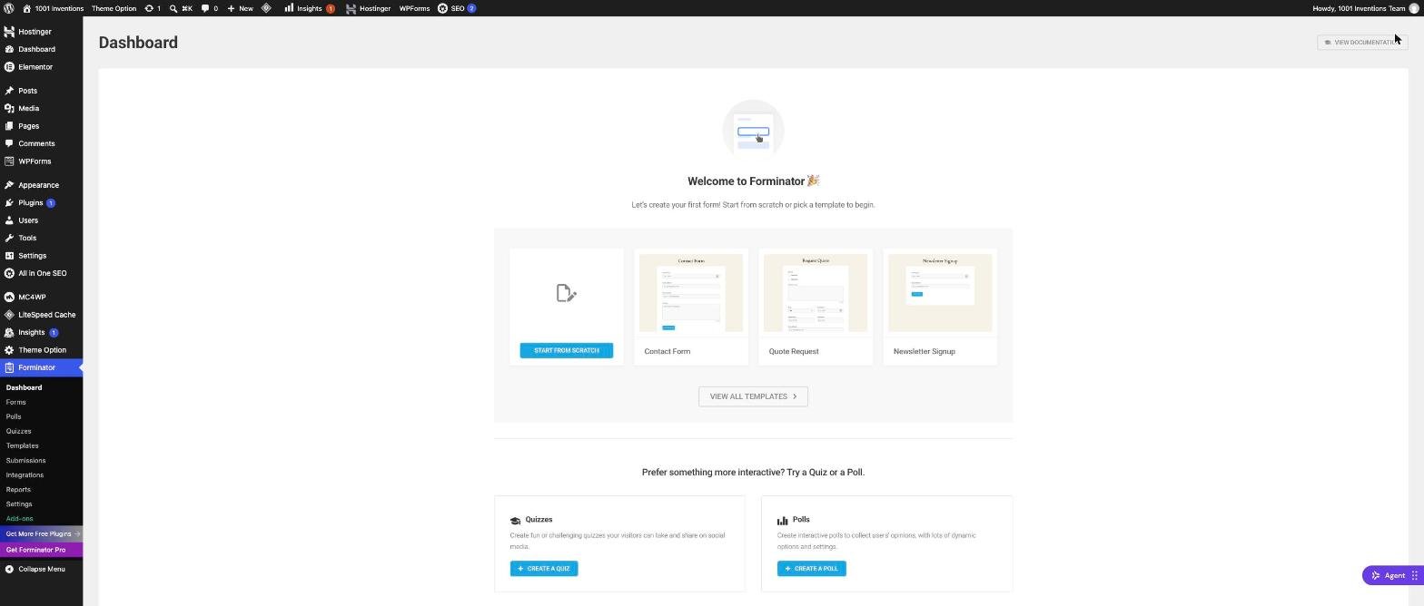Forminator plugin dashboard in WordPress showing templates for a contact form, quote request and newsletter signup