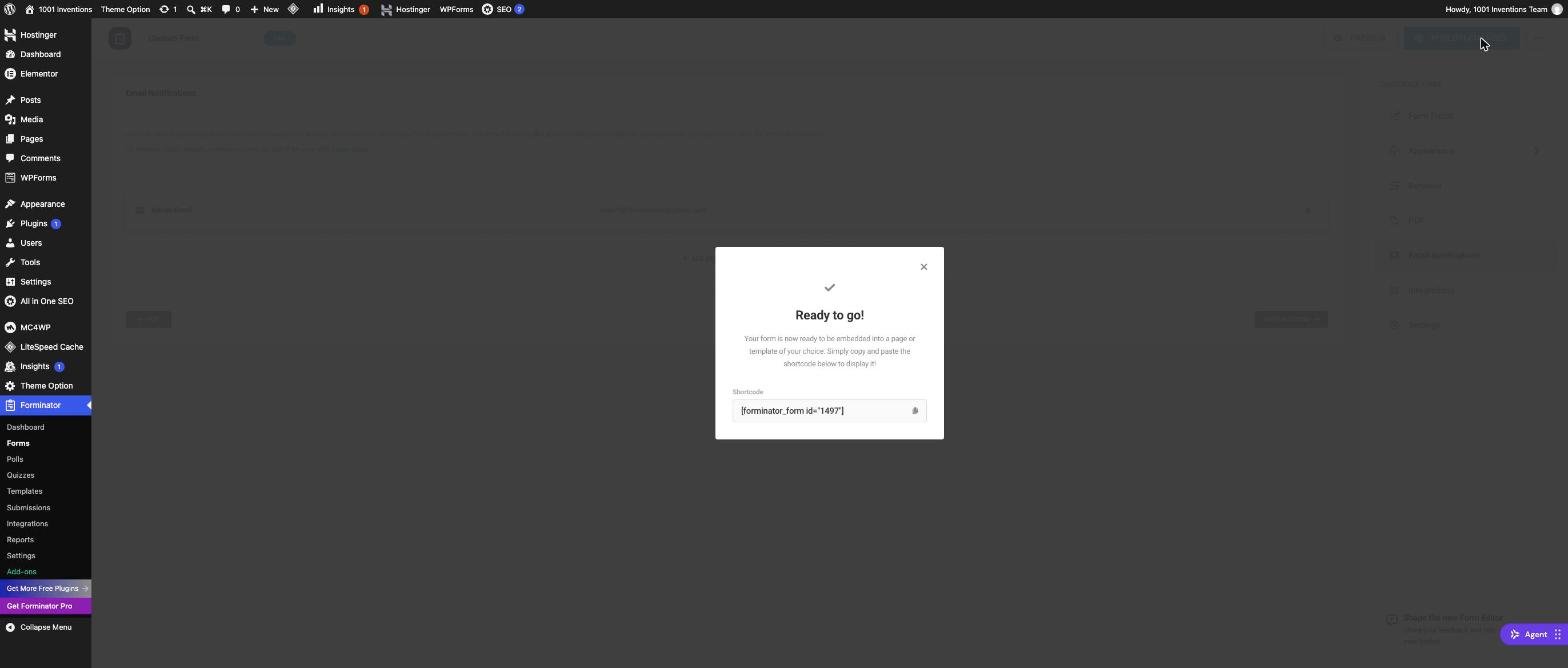 Forminator Ready to go dialog showing the shortcode for the published form