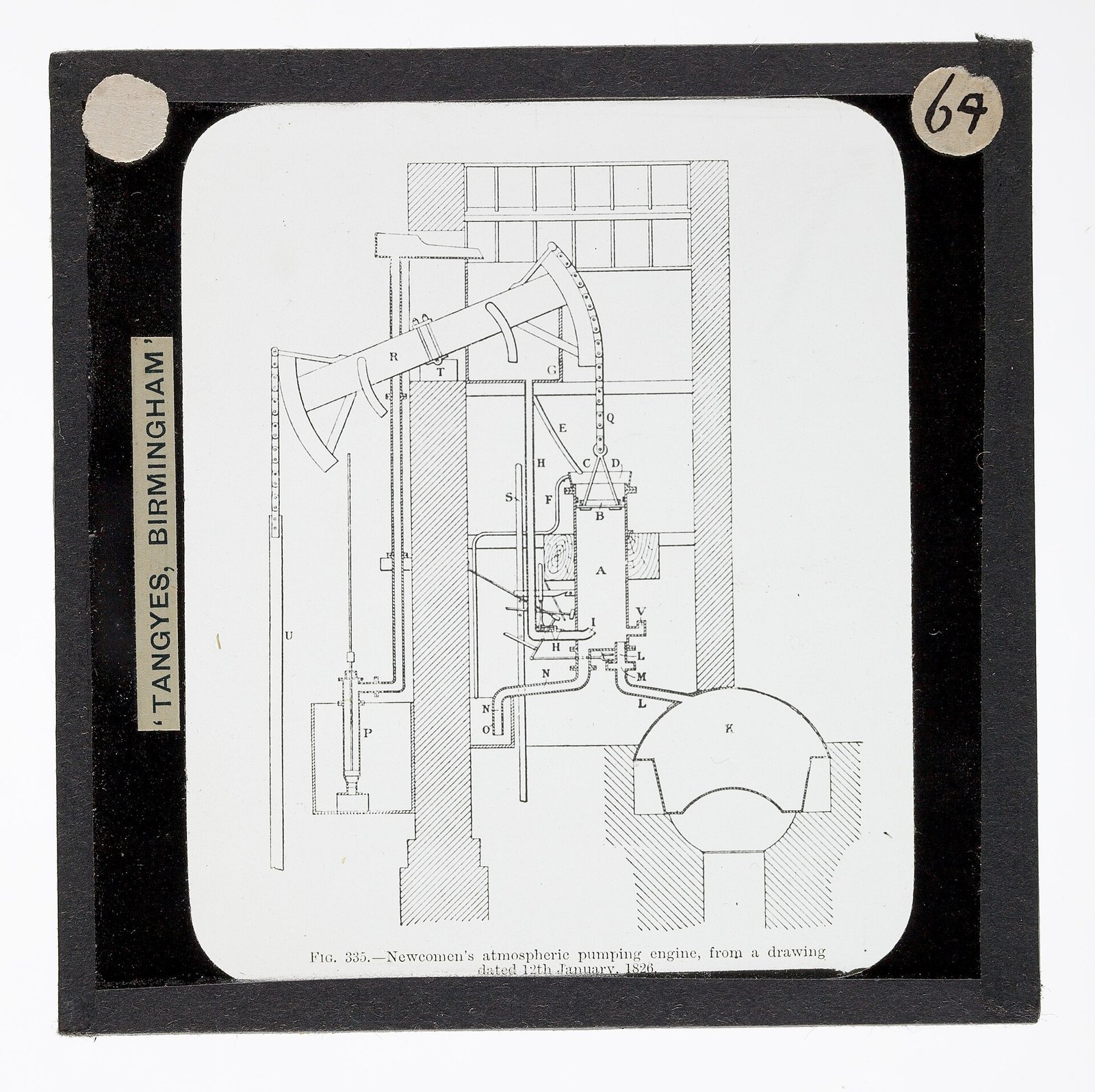 Diagram of a Newcomen atmospheric steam engine showing boiler, cylinder, beam and pump rod