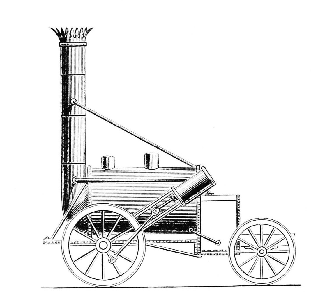 Engraving of Stephenson Rocket locomotive of 1829